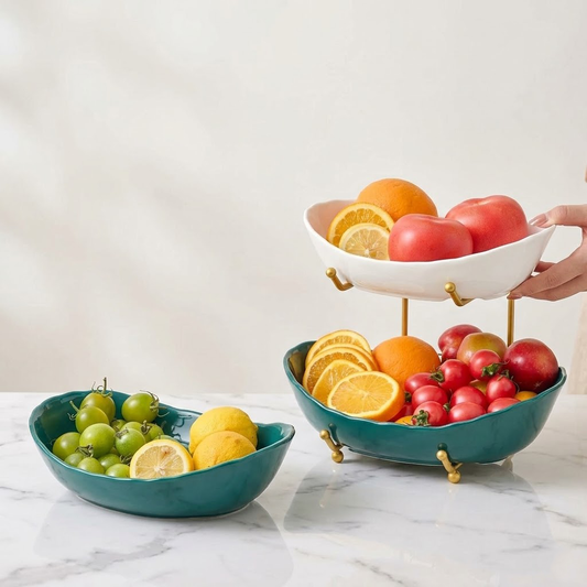 Koralaya Elegant 2-Tier Ceramic Fruit Basket with Luxury Gold Stand - Multilayer Porcelain Display Stand for Sweets & Desserts