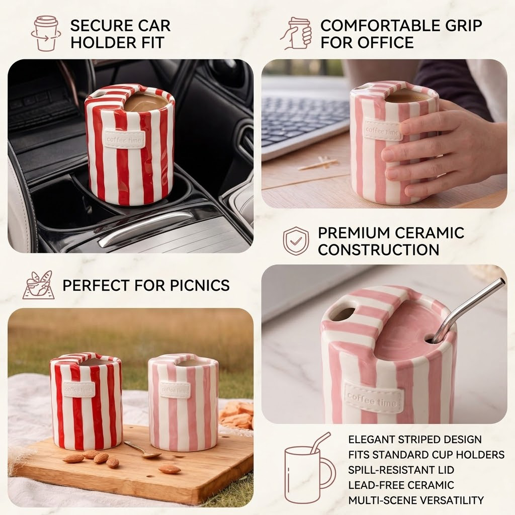 Koralaya 10oz Vintage Striped Ceramic Coffee Mugs with Straws - Set of 2 Hand-Painted Porcelain Espresso & Tea Cups