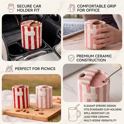 Koralaya 10oz Vintage Striped Ceramic Coffee Mugs with Straws - Set of 2 Hand-Painted Porcelain Espresso & Tea Cups