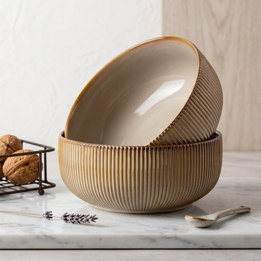 Koralaya Set of 2 Large Farmhouse Ceramic Salad Bowls - Premium Porcelain Serving Bowl Set - Dishwasher & Microwave Safe Kitchen Essentials