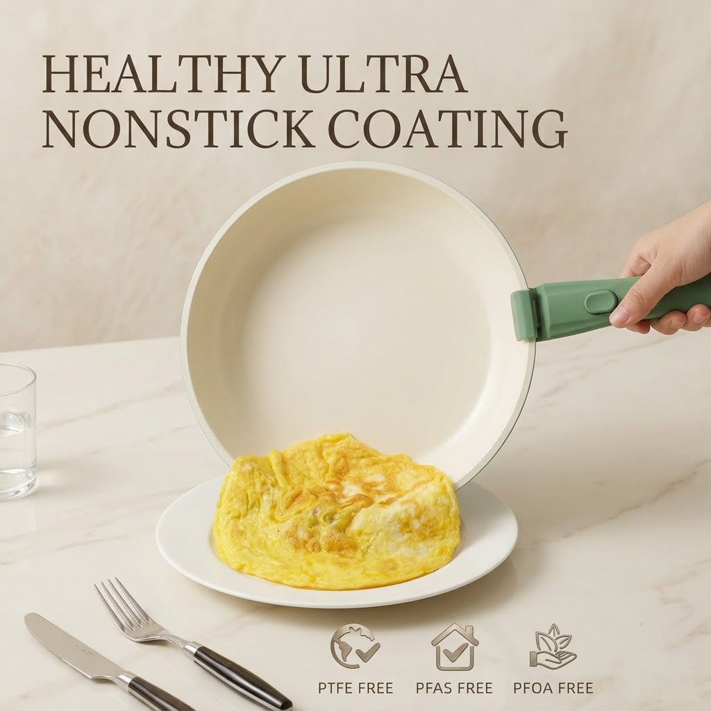 Koralaya 8-Piece Ceramic Nonstick Cookware Set with Removable Handle - Induction Compatible, Oven & Dishwasher Safe Fry Pan Set