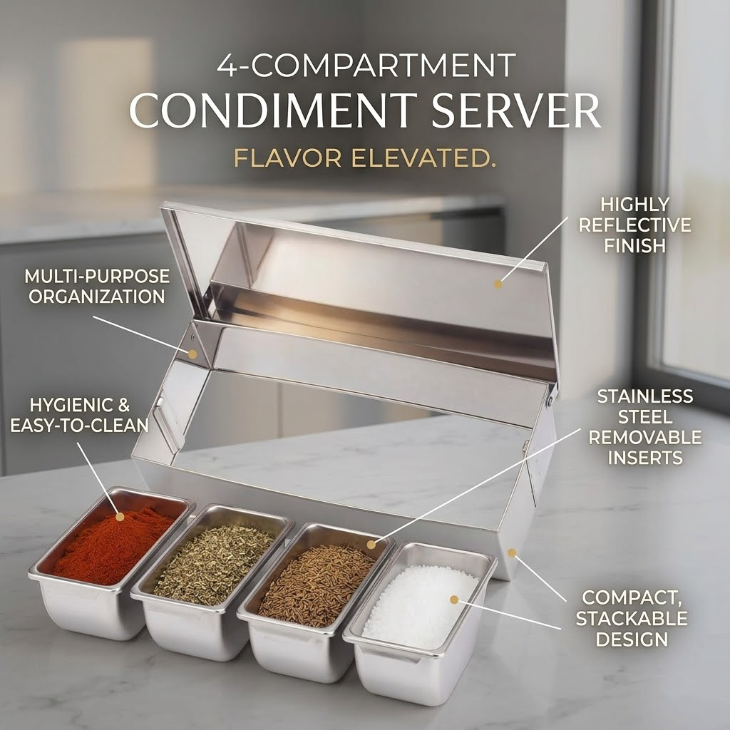 Koralaya Premium Chilled Condiment Tray with 4 Removable Sections - Stainless Steel Garnish Station & Fruit Dispenser with Clear Lid