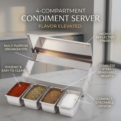 Koralaya Premium Chilled Condiment Tray with 4 Removable Sections - Stainless Steel Garnish Station & Fruit Dispenser with Clear Lid