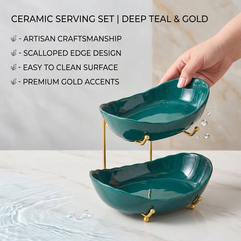 Koralaya Elegant 2-Tier Ceramic Fruit Basket with Luxury Gold Stand - Multilayer Porcelain Display Stand for Sweets & Desserts
