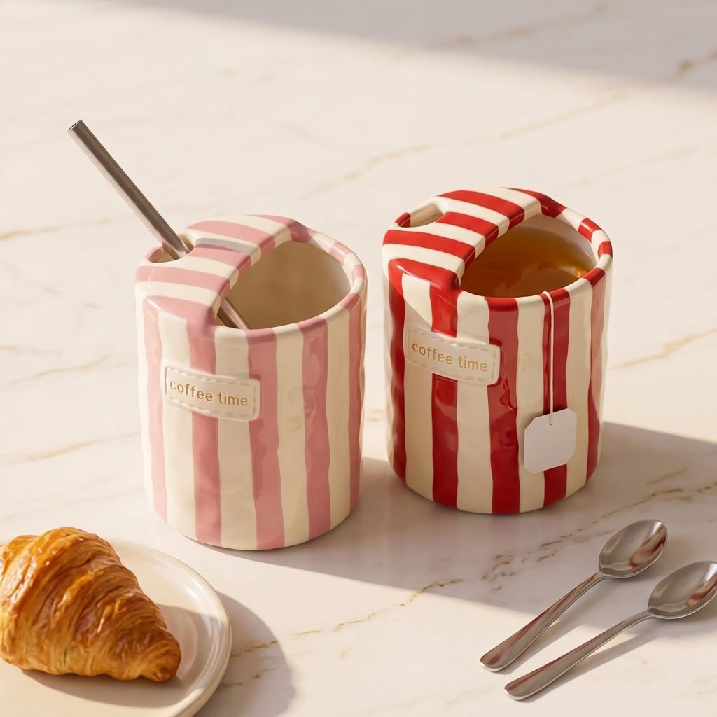 Koralaya 10oz Vintage Striped Ceramic Coffee Mugs with Straws - Set of 2 Hand-Painted Porcelain Espresso & Tea Cups