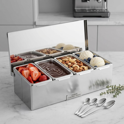 Koralaya Premium Chilled Condiment Tray with 4 Removable Sections - Stainless Steel Garnish Station & Fruit Dispenser with Clear Lid
