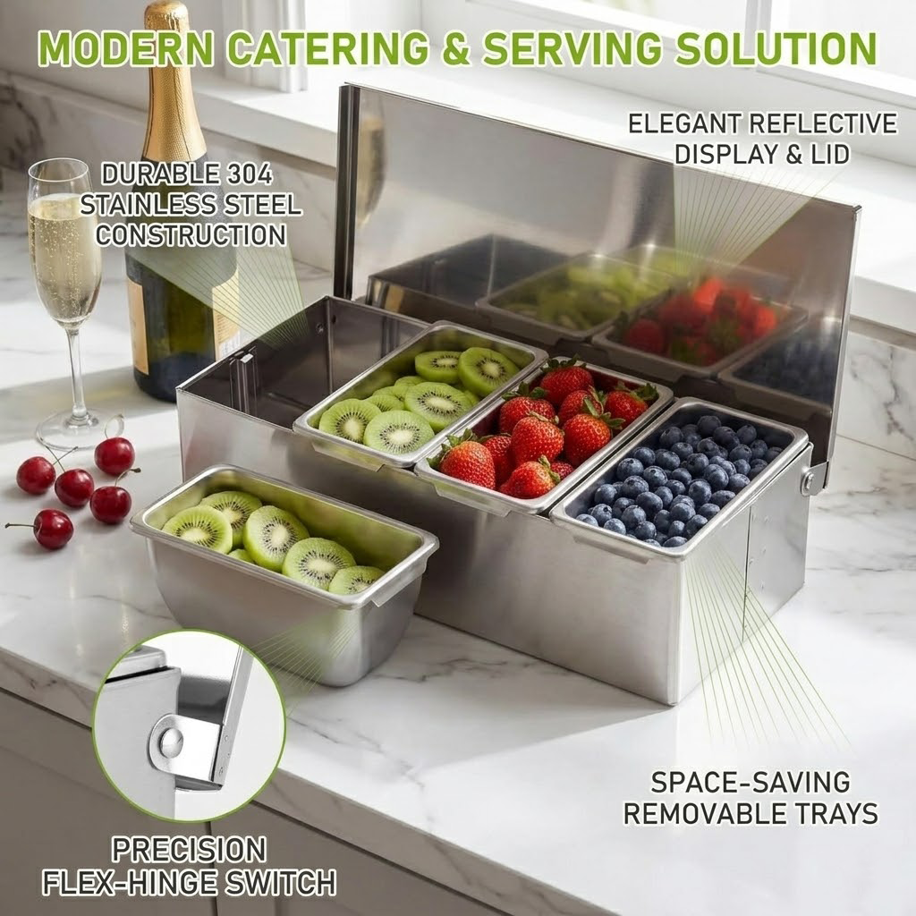Koralaya Premium Chilled Condiment Tray with 4 Removable Sections - Stainless Steel Garnish Station & Fruit Dispenser with Clear Lid