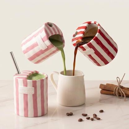 Koralaya 10oz Vintage Striped Ceramic Coffee Mugs with Straws - Set of 2 Hand-Painted Porcelain Espresso & Tea Cups