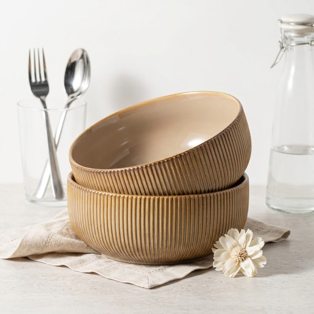 Koralaya Set of 2 Large Farmhouse Ceramic Salad Bowls - Premium Porcelain Serving Bowl Set - Dishwasher & Microwave Safe Kitchen Essentials