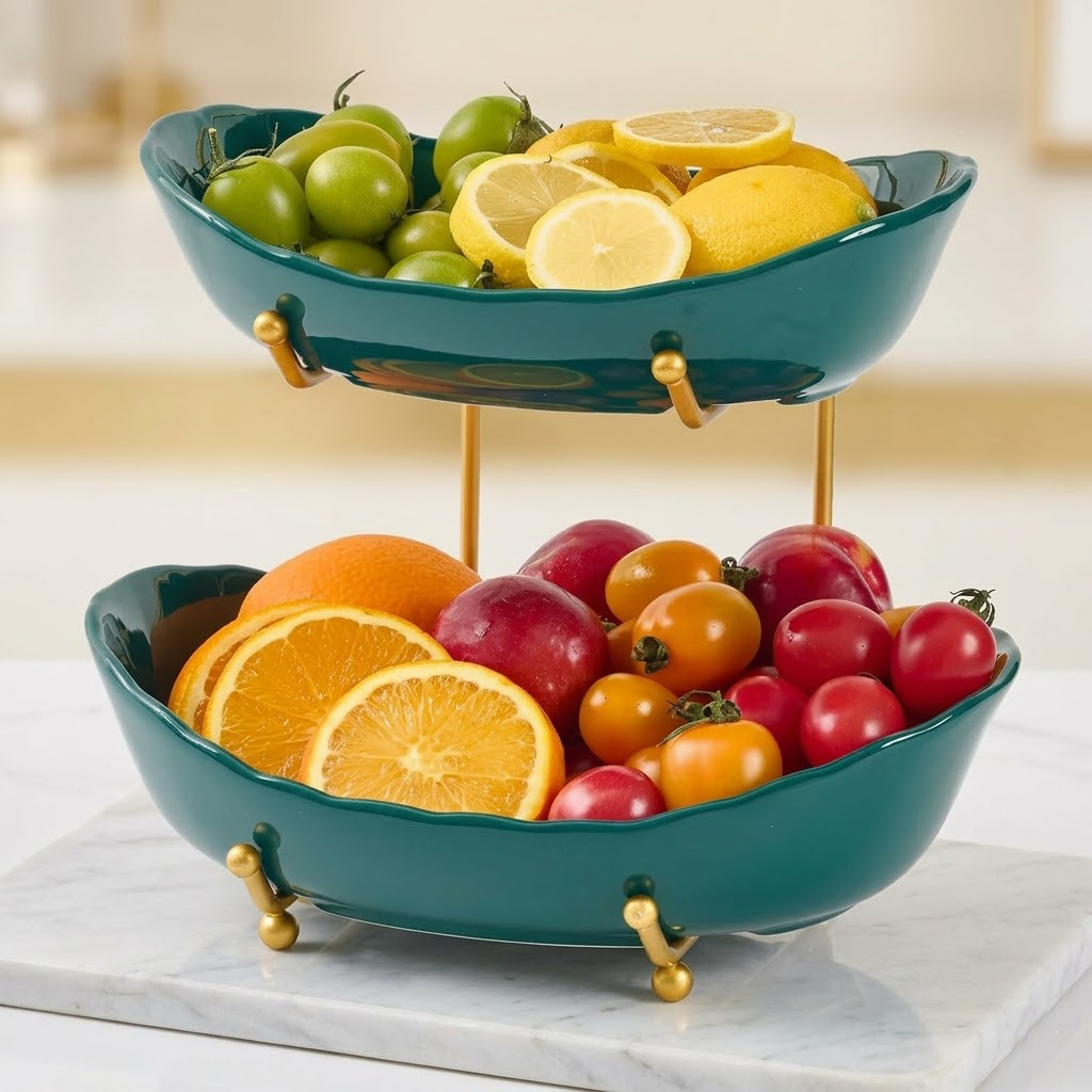 Koralaya Elegant 2-Tier Ceramic Fruit Basket with Luxury Gold Stand - Multilayer Porcelain Display Stand for Sweets & Desserts