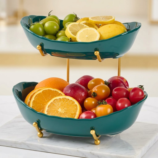 Koralaya Elegant 2-Tier Ceramic Fruit Basket with Luxury Gold Stand - Multilayer Porcelain Display Stand for Sweets & Desserts